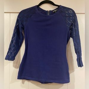 Women’s Express Navy Blue Floral Lace Detailed 3/4 Sleeve Shirt - Size S